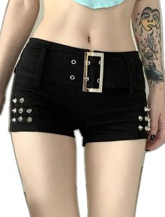 Y2k High Waist Bottoms For Concert, Edgy Jean Shorts With Belt Loops, Fitted Grunge Bottoms For Club, Y2k Short Bottoms With Belt Loops, Y2k Style Short Bottoms With Belt Loops, Edgy Jean Shorts With Belt Loops For Summer, Edgy Stretch Shorts For Club, Edgy High-waist Stretch Shorts, Gothic High Waist Bottoms For Club