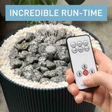 a hand holding a remote control in front of a plant with the words incredible run - time on it