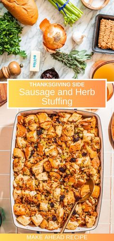 thanksgiving side sausage and herb stuffing in a casserole dish on a marble countertop