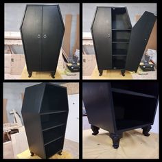 four different views of the same black cabinet