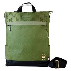 This bag includes a detachable and adjustable strap that converts into a crossbody bag or backpack. A subtle green background serves as a canvas for expressing your favorite fandom. Across this background, intricate debossed patterns of Loki’s symbols blend, including his classic horned symbol and the intertwining snake symbol. Debossed lettering, at the bottom, spells out “God of Mischief,” and a gold metal rivet of Loki’s helmet symbol adds an elegant touch. This tote bag allows easy access to Green Canvas Satchel Backpack, Green Backpack Shoulder Bag With Top Carry Handle, Green Shoulder Bag Backpack With Top Carry Handle, Green Backpack With Detachable Strap For Travel, Green Crossbody Backpack With Detachable Strap, Green Backpack With Top Carry Handle, Green Crossbody Travel Backpack, Green Crossbody Backpack With Adjustable Strap, Casual Green Backpack With Detachable Strap