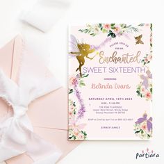 a pink and purple fairy birthday party with an envelope, ribbon, and flowers on it