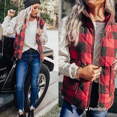 Plaids Red Black Zip Front Vest Jacket Zip Front Buffalo Plaids Print Buffalo Plaid Vest Outfit, Checkered Vest, Buffalo Plaid Vest, Mustard Cardigan, Soft Knit Cardigan, Hot Sweater, Plaid Vest, Open Front Sweater, Chunky Knit Cardigan