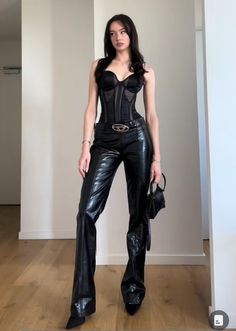 Latex Pants Outfit With Boots, Black Suit With Corset, Cut Out Outfits, Edgy Club Outfits, Corset Outfit Black, Premier Outfits, Leather Corset Outfit, Black Latex Outfit, Leather Corset