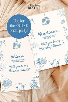 two white and blue wedding cards with the words, use for the entire bridal party