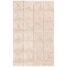 a white rug with square and rectangle shapes on the bottom, in neutral tones