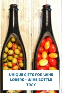 two wine bottles filled with different types of vegetables and fruits in them, the words unique gifts for wine lovers - wine bottle trays