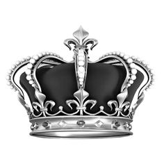 a black and white photo of a silver crown with pearls on the sides, in front of a white background