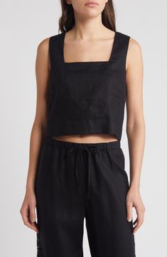 This lightweight linen tank top features a modern square neck, wide shoulder straps and an on-trend cropped hem. 18 1/2" length (size Medium) Square neck Lined 100% linen Dry clean Imported Black Linen Crop Top, Square Neck Linen Top, Black Summer Top With Straight Neckline, Black Linen Sleeveless Tank Top, Chic Black Linen Tank Top, Black Linen Casual Tank Top, Casual Black Linen Tank Top, Elegant Linen Crop Top For Summer, Elegant Cropped Linen Crop Top