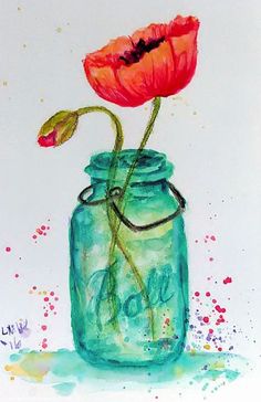 a painting of two red flowers in a blue mason jar with watercolor splatters