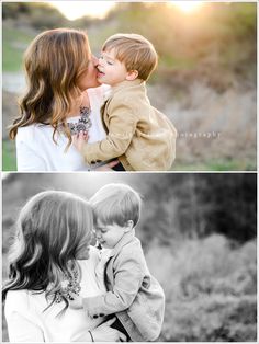 two photos of a mother and her son kissing each other with the sun setting in the background