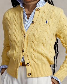 Euro Chic, Versatile Cardigan, Cashmere Clothing, Fall Cardigans, Pullover Outfit, Sweater Autumn, Yellow Cardigan, Ralph Lauren Style, Ralph Lauren Long Sleeve