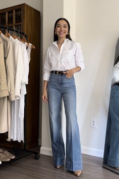 5 Ways to Style Wide Leg Jeans - LIFE WITH JAZZ Jeans With Shirt Outfit Women, Poplin Button Down Shirt Outfit, White Shirt With Jeans Women, White Button Shirt And Jeans Outfit, White Shirt Classy Outfit, Jeans And A Button Down Women, Fall Denim Shirt Outfit, White Jeans Blue Shirt Outfit, White Shirt And Jeans Outfit Women