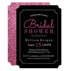 a pink glitter bridal shower party card