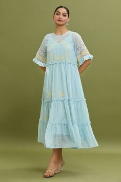 Light blue dress with thread embroidery in floral pattern and lace embellishment. Paired with slip. - Aza Fashions Work Dress Women, Light Blue Dress, Work Dresses For Women, Light Blue Dresses, Work Dress, Thread Embroidery, Thread Work, Women Dresses, Embroidery Thread