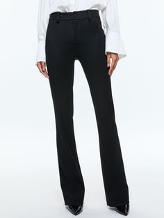 New Olivia Low Rise Slim Flare Trouser In Black Sleek Flare Bottoms For Night Out, Sleek Tailored Flare Pants, Chic Mid-rise Jeans For Business Casual, Mid-rise Bottoms For Business Casual, Sleek Flare Bottoms In Elastane, Sleek Straight Leg Bottoms For Fall, Sleek Straight Leg Fall Bottoms, Sleek Straight-leg Fall Bottoms, Fitted Mid-rise Flare Jeans For Night Out