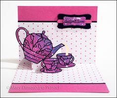 a handmade card with a teapot and cup on the front, in pink