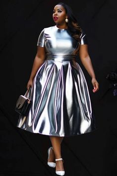 Plus Size Birthday Dresses Plus Cocktail Attire, Classy And Elegant Dresses For Women, Plus Size Silver Dress, Cocktail Dress For Curvy Women, Silver Dresses Elegant, Metallic Silver Outfit, Birthday Party Dresses For Women, Black Opulence, Silver Dress Outfit