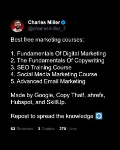 the tweet for charles miller's best free marketing courses is shown in this screenshot