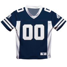 Let your kiddo look cool in his new team spirit boys Football Jersey with Yale Bulldogs colors and logos. Let him play, go to the game, and cheer loudly and proudly with gear by Vive La Fete. Celebrate and cheer on game day with our classic design Yale Bulldogs Football Jersey with mesh panels, over the shoulders yoke, and overstitched seams for added strength and comfort. Officially Licensed product sold by Vive La Fete. This awesome graphics, fun and game day Football Jersey features officially licensed Yale Bulldogs colors and graphics; perfect to cheer for your favorite team. This timeless design Football Jersey is made with top-quality long-lasting sublimated moisture wicking soft knit fabric that holds its colors forever. Performance fabric that's comfy, strong, and breathable. CARE Team-colored Cheerleading Tops With Team Logo, Team-colored Tops With Team Logo For Cheerleading, Blue College T-shirt For Football Season, Game Day Fan Apparel T-shirt With Mascot, White Mascot T-shirt For Football Season, Fan Apparel T-shirt With Mascot For Game Day, White School Spirit T-shirt With Mascot, Team-colored Short Sleeve T-shirt With Mascot, White Sports Fan T-shirt With Mascot