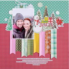 a scrapbook page with an image of two people and christmas decorations on the pages