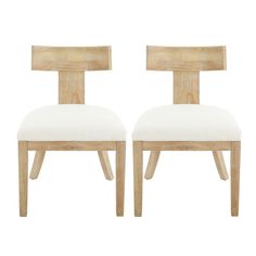 two wooden chairs with white upholstered seats