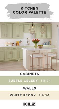 kitchen color palettes with white peony and green cabinets