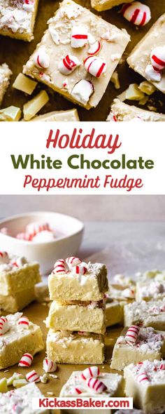 holiday white chocolate peppermint fudge bars stacked on top of each other