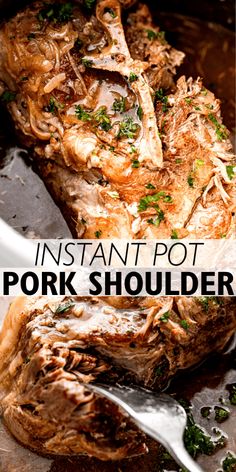 instant pot pork shoulder roast in the slow cooker with parsley and garlic on top