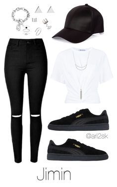 a woman in black pants and white shirt is wearing a baseball cap, t - shirt, and sneakers