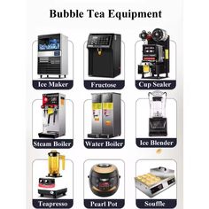 an advertisement for bubble tea equipment including machines, blenders, and ice creams