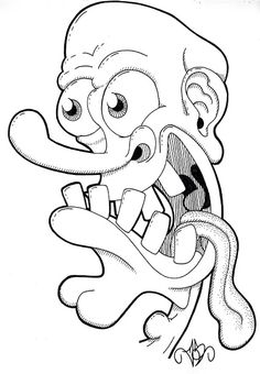 an octopus cartoon character with its mouth open and tongue out, in black and white