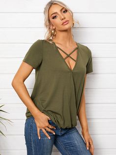 Solid Criss-cross V-neck Short Sleeve Casual T-shirt Casual Cross-tied Top For Summer, Casual Cross-tied Tops For Spring, Stretch Crisscross Cross-tied Tops, Stretchy Cross-tied Crisscross Tops, Casual Stretch Crisscross Top, India And Pakistan, Buy Tshirts, Women T Shirts, Chic Clothes