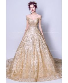 Buy sparkly starry gold sequin prom dress ball gown with off shoulder straps at wholesale price online. Free shipping and pro custom service since 2009. Gold Ball Gown, Debut Gowns, Golden Gown, Ball Gown Prom Dress, Gown Gold, Golden Dress, Gold Gown, Sequin Prom Dress, Sequin Prom Dresses