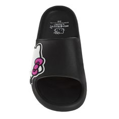 Channel your inner Hello Kitty fan with these adorable slip-on slides! Officially licensed by Hello Kitty and featuring a colorful Hello Kitty graphic on the side, these sandals are perfect for lounging at home, running errands, or poolside fun. Constructed from durable, easy-to-clean rubber, these slides are built to last. The open-toe design keeps your feet cool and comfy, while the slip-on style makes getting ready a breeze. Fun Black Synthetic Sandals, Trendy Black Flat Slides, Playful Non-slip Black Sandals, Playful Black Non-slip Sandals, Playful Black Sandals For The Beach, Playful Synthetic Slip-on Slides, Trendy Black Slide Slippers, Trendy Black Synthetic Slides, Shop Hello Kitty