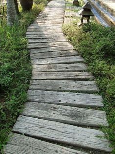 a wooden walkway in the middle of some grass