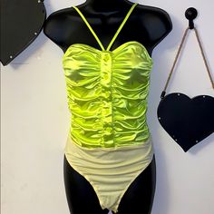 Pretty Little Things Neon Green Bodysuit Size Small Medium Adjustable Strap Cross Cross In Front Very Stretchy Material Buttons Up From The Bottom So If You Want It To Be Open You Can Wear It Like That New With Tag Spaghetti Strap Bodysuit, Leather Bodysuit, Green Bodysuit, Exaggerated Sleeves, Square Neck Bodysuit, Ribbed Bodysuit, White Bodysuit, High Neck Long Sleeve, Red Stripe