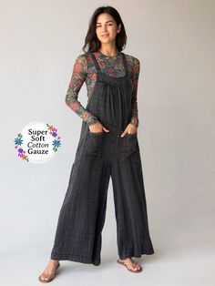 Dakota Tie Gauze Overall - Washed Black-view 1 Laid Back Outfits, Boho Bandeau, Cotton Gauze Fabric, Black Overalls, Cable Knit Cardigan, Comfy Tops, Next Clothes, Sleeveless Jumpsuits, Fall Shopping