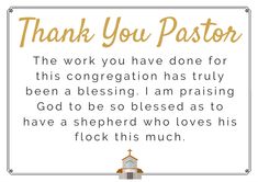 a thank card with the words, thank you pastor and an image of a church