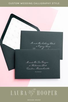 two black and white wedding cards with the words, custom wedding calligraphy style on them