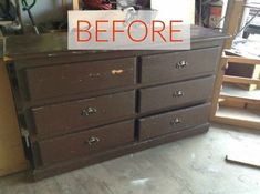 an old dresser with the words before painted on it's top and bottom half