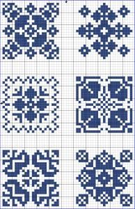 the cross stitch pattern is in blue and white, with four different designs on it