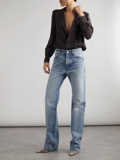 A pair of well-made jeans will last for years to come. SAINT LAURENT's mid-rise 'Nico' style is made from washed denim and has straight legs with distressed hems. Designer Denim Straight Leg Pants, Luxury Denim Straight Leg Bottoms, Luxury Dark Wash Straight Leg Pants, Luxury Denim Straight Pants, Luxury Straight Leg Dark Wash Jeans, Straight Denim Jeans, Saint Laurent Jeans, Office Fits, Soft Life