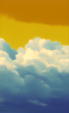 an airplane is flying through the clouds in the sky with yellow and blue hues