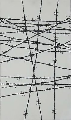 barbed wire is shown against a gray sky