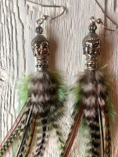 "These tranquil, peaceful earrings are long and lovely at 7\". The Buddha charm is perfectly ornate and will feel light as a feather! Choose blue or green" Green Bohemian Feather Earrings, Bohemian Green Feather Earrings, Green Bohemian Earrings With Feathers, Green Feather Earrings As A Gift, Yoga Namaste, Purple Feather, Light As A Feather, The Buddha, Yoga Accessories