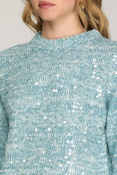 Get ready to sparkle and shine with our Long Sleeve Clear Sequin Sweater in a beautiful heather light blue! This sweater features long sleeves and clear sequins on the front, adding a touch of glam to any outfit. Stay cozy and stylish all season long with this must-have piece! 60% Polyester/30% Acrylic/10% Nylon Icon Jewelry, Off Shoulder Dresses, Sequin Sweater, Sparkle And Shine, Denim Leggings, Handbag Shoes, Dressy Casual, New Tops, Stay Cozy