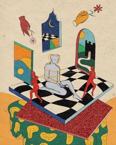 an illustration of two people playing chess on a checkerboard with other figures in the background