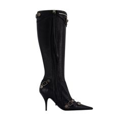 The Cagole H90 Booties By Balenciaga Are A Bold And Edgy Statement Piece, Renowned For Their Distinctive Design And Rock-Chic Aesthetic. To Complement Their Striking Appearance And Luxurious Finish, Pair Them With Outfits That Blend Sophistication With A Hint Of Rebellious Flair. Consider Wearing Them With A Leather Mini Skirt And A Fitted Blazer For A Look That's Fashion-Forward And Edgy, Or With Skinny Black Jeans And A Draped Silk Blouse For A More Balanced, Yet Equally Impactful Ensemble. Th Edgy Leather Knee-high Boots For Evening, Fitted Calf Leather Knee-high Boots For Night Out, Fitted Calf Leather Knee-high Boots For Party, Fitted Knee-high Calf Leather Boots For Party, Edgy Fitted Knee-high Boots For Evening, Designer Black Calf Leather Knee-high Boots, Designer Knee-high Boots With Pointed Toe For Night Out, Designer Black Knee-high Heeled Boots, Edgy Knee-high Boots For Evening