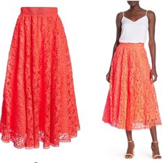 New With Tags. Vibrant Midi Skirt Features Allover Floral Crochet Lace, Secret Side Pockets, And A Generous A-Line Skirt For Eye-Catching Style. This Style Runs Small. Exposed Back Zip With Hook-And-Eye Closure - Side Slash Pockets - Floral Crochet Lace Exterior - Solid Color - Flared Design - Fully Lined With Wide Horsehair Hem Elegant Red Maxi Skirt For Spring, Spring Formal Lace Skirt, Elegant Red Lace Bottoms, Red Maxi Skirt For Spring Evening, Red Formal Skirt For Summer, Red Summer Wedding Skirt, Coral Maxi Skirts, Floral Lace Skirt, Olivia Pink